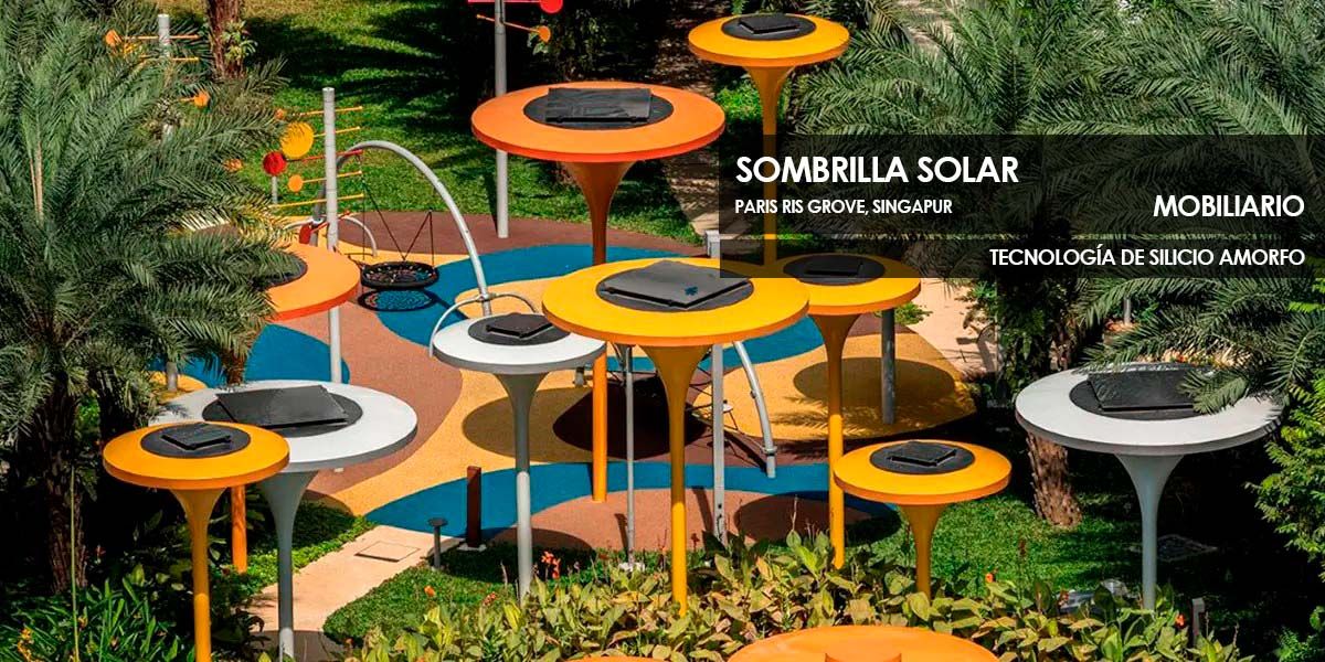 Sombrilla Solar construida con vidrio fotovoltaico de silicio amorfo fabricado por Onyx Solar