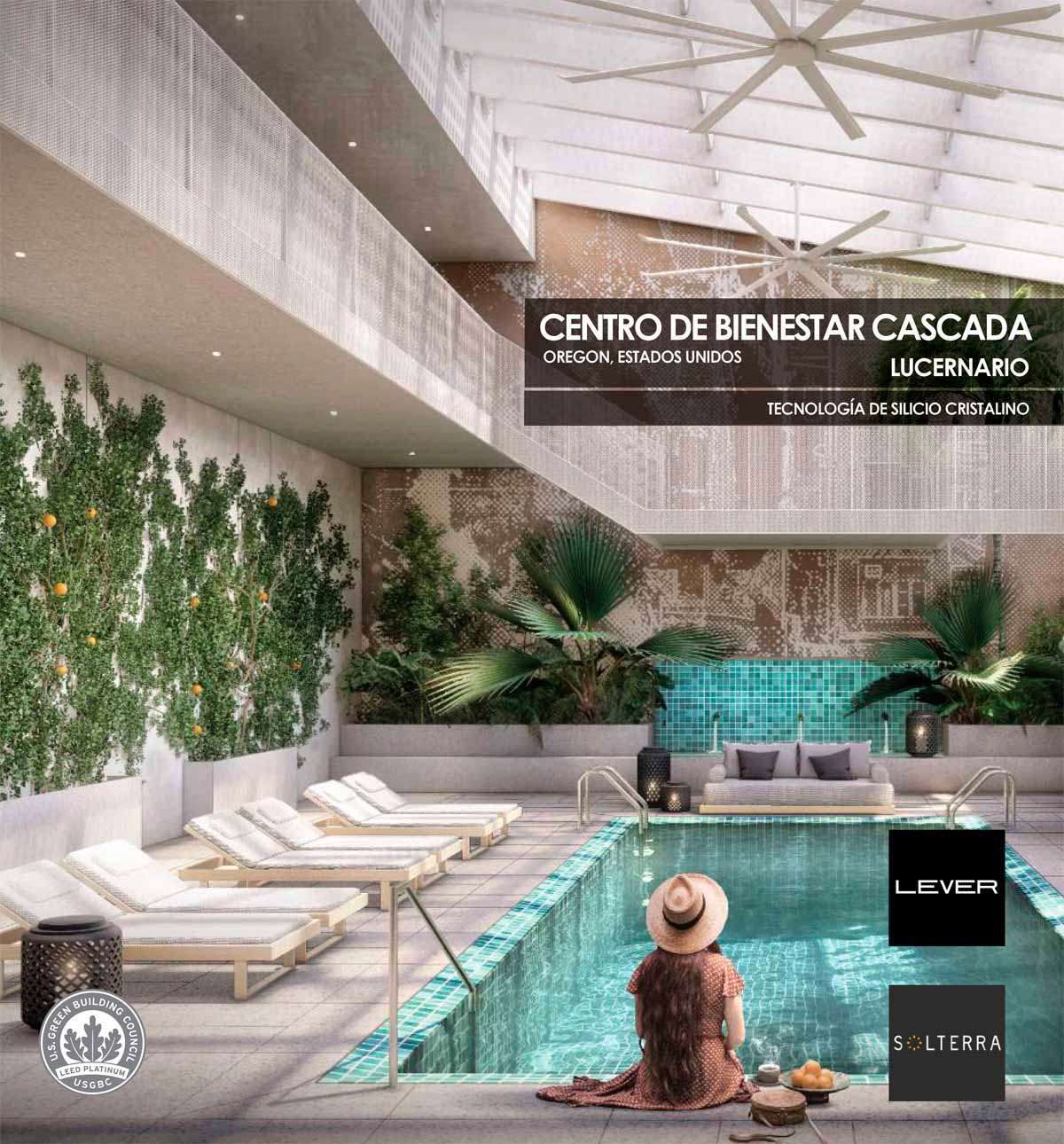 Lucernario Centro de Bienestar Cascada construido con vidrio fotovoltaico de silicio cristalino fabricado por Onyx Solar