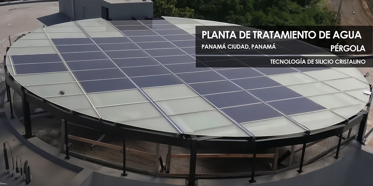 Pérgola Planta Tratamiento de Agua construida con vidrio fotovoltaico de silicio cristalino fabricado por Onyx Solar