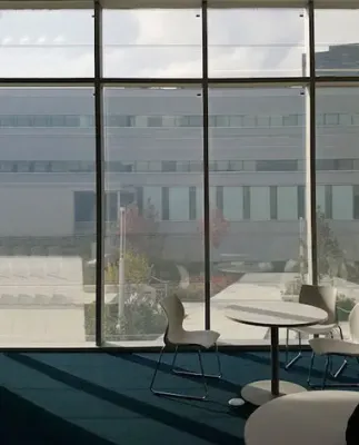 Vista interior del muro cortina instalado en el Colegio Séneca integrando vidrio fotovoltaico de silicio amorfo fabricado por Onyx Solar