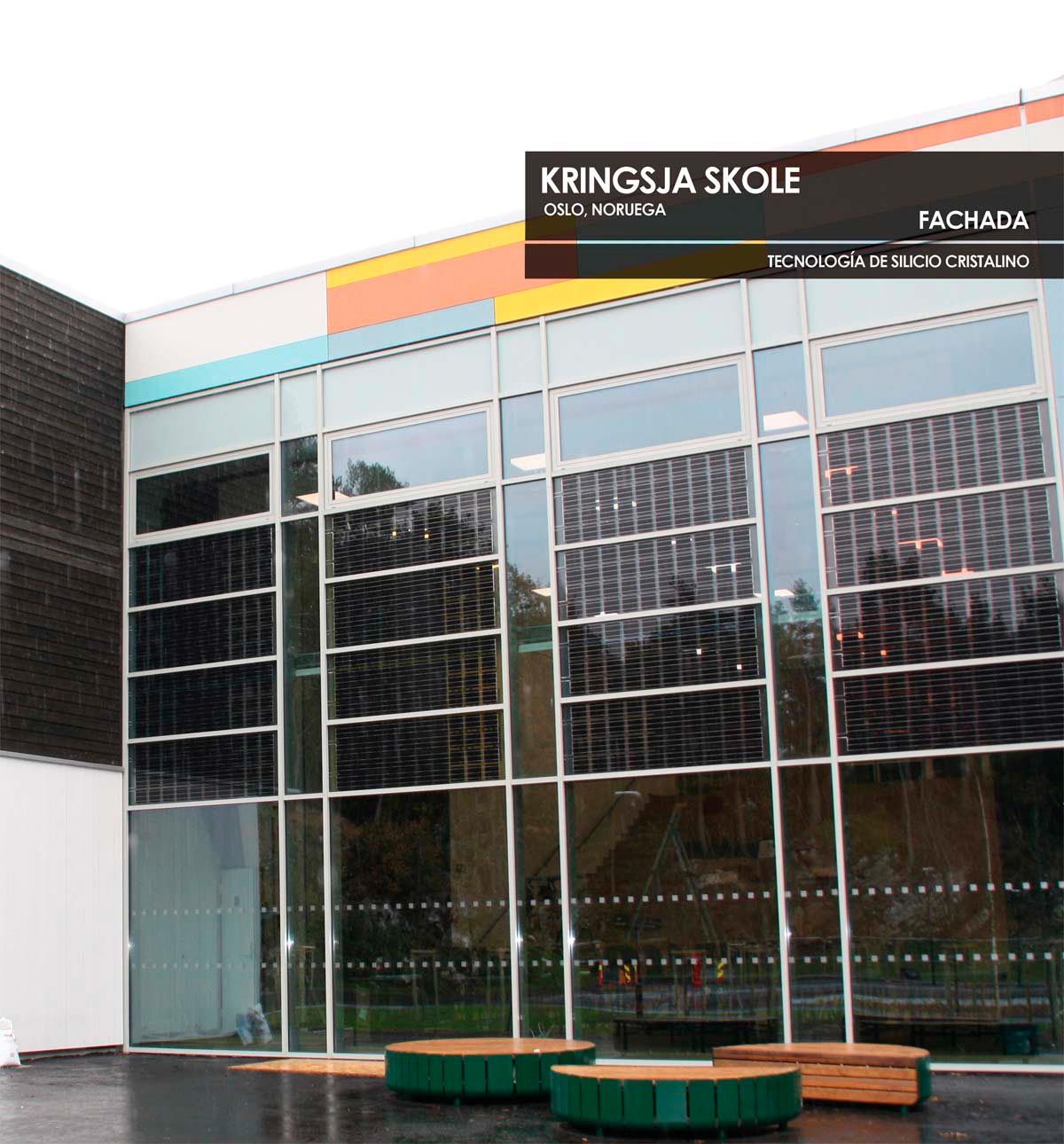 Fachada Kringsha Skole construido con vidrio fotovoltaico de silicio cristalino fabricado por Onyx Solar
