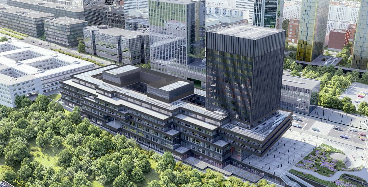 Render del Banco Europeo de Inversiones con una fachada fabricada con Vidrio Fotovoltaico con Tecnología de Silicio Cristalino de Onyx Solar