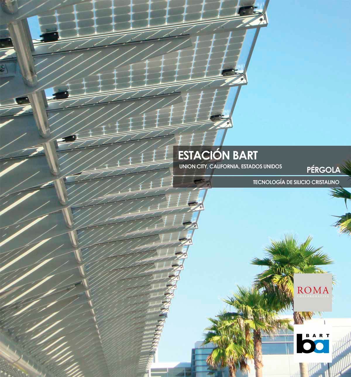 Pérgola de estación de arte que incorpora vidrio de tecnología fotovoltaica de silicio cristalino de Onyx Solar.