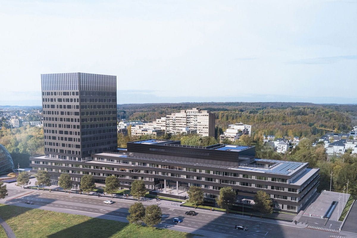 Render del Banco Europeo de Inversiones con una fachada fabricada con Vidrio Fotovoltaico con Tecnología de Silicio Cristalino de Onyx Solar