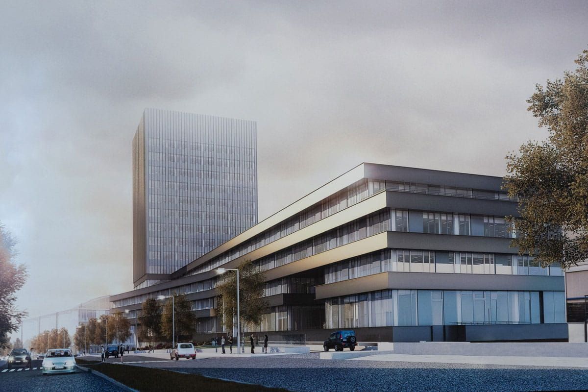Render del Banco Europeo de Inversiones con una fachada fabricada con Vidrio Fotovoltaico con Tecnología de Silicio Cristalino de Onyx Solar