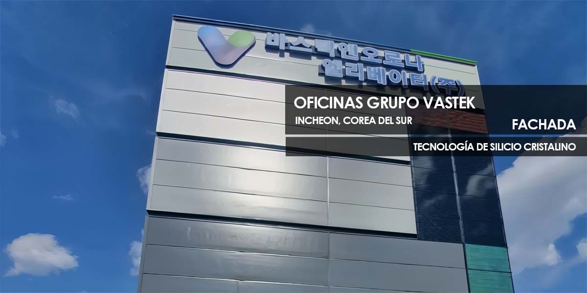 Fachada Oficinas Grupo Vastek construida con vidrio fotovoltaico de silicio cristalino fabricado por Onyx Solar