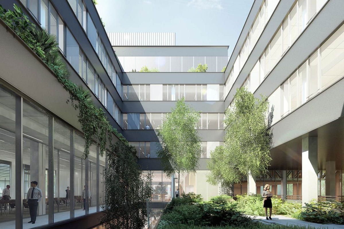 Vista interior del edificio del Banco Europeo de Inversiones con Vidrio Fotovoltaico de Onyx Solar