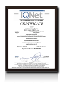 Certificación ISO 9001 IQNET Onyx Solar