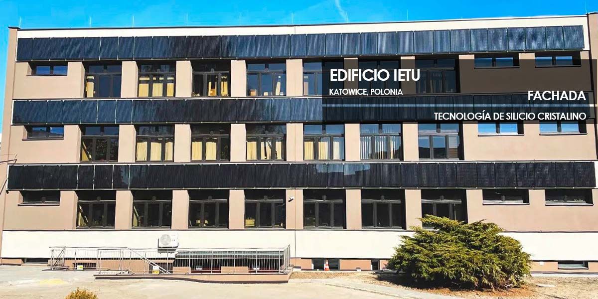 Fachada Edificio IETU construida con vidrio fotovoltaico de silicio cristalino fabricado por Onyx Solar