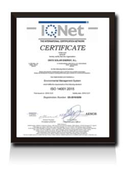 Certificación ISO 14001 IQNET Onyx Solar