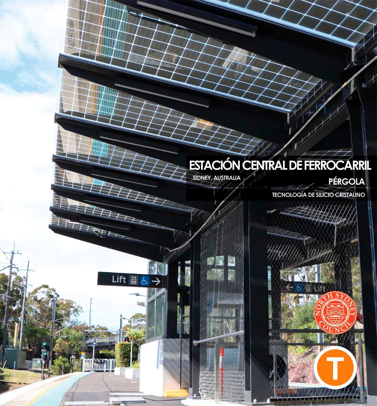 Pérgola de la Estación Central de Ferrocarril que incorpora vidrio de tecnología fotovoltaica de silicio cristalino de Onyx Solar.