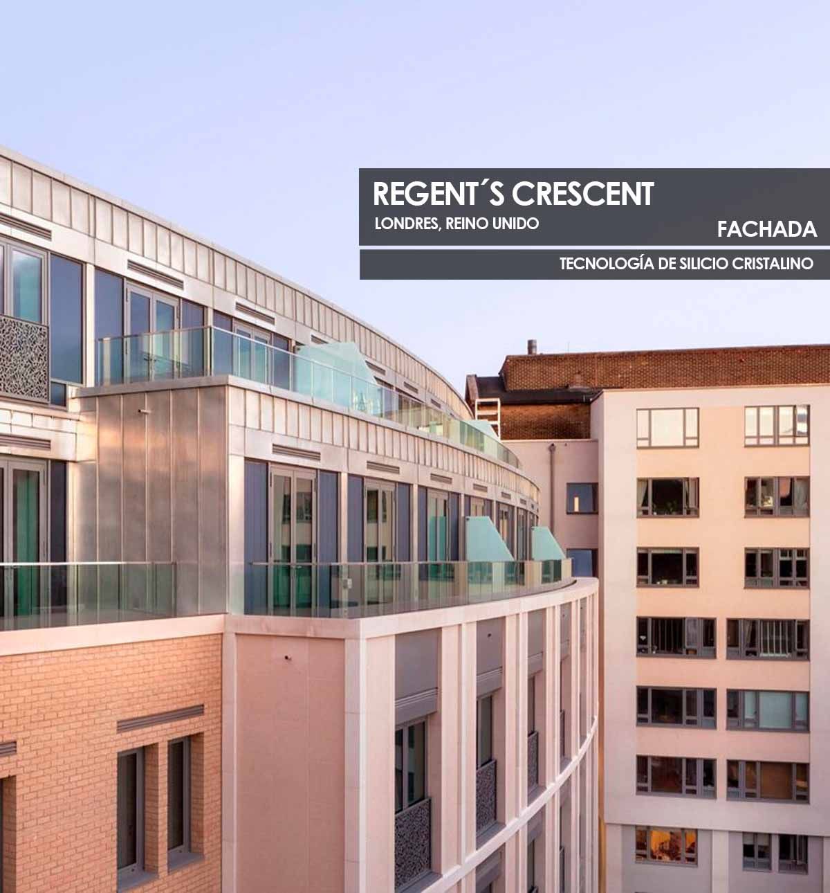 Fachada del edificio Regent´s Crescent que incorpora Vidrio Fotovoltaico con Tecnología de Silicio Cristalino de Onyx Solar