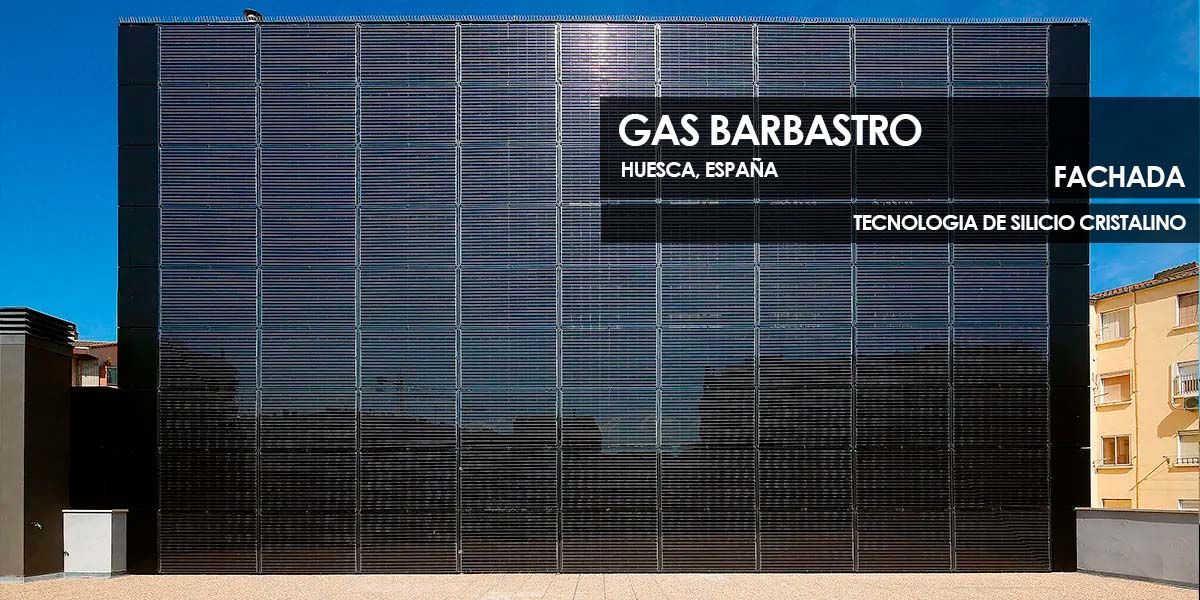Fachada Gas Barbastro construida con vidrio fotovoltaico de silicio cristalino fabricado por Onyx Solar