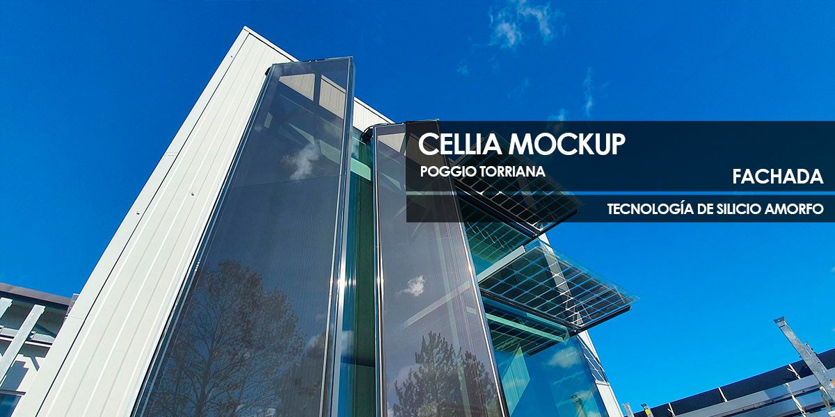 Fachada Cellia Mockup construida con vidrio fotovoltaico de silicio amorfo fabricado por Onyx Solar