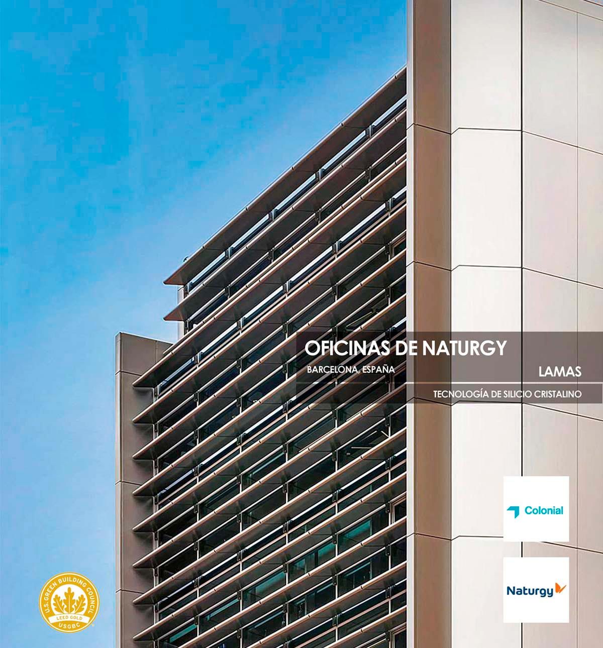 Brise Soleil de las oficinas de Naturgy que incorpora vidrio de tecnología fotovoltaica de silicio cristalino de Onyx Solar