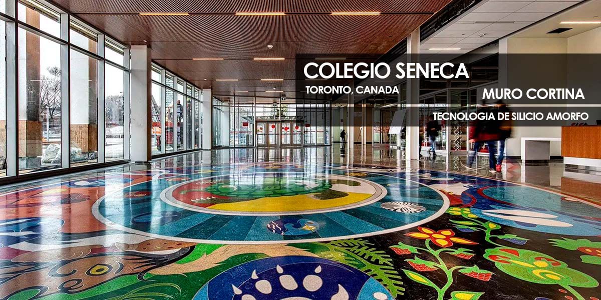 Muro cortina en el Colegio Séneca que integra vidrio fotovoltaico de silicio amorfo fabricado por Onyx Solar